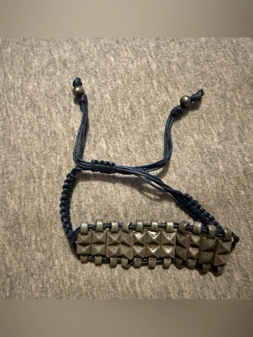 Adjustable Navy Cord and Gunmetal Pyramid Stud Bracelet